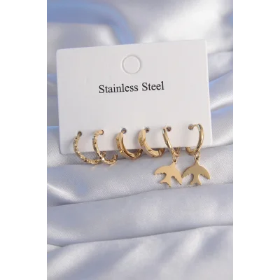 BUĞZ 316L Çelik Gold Renk Oval Tasarım Kuş Model Küpe Seti