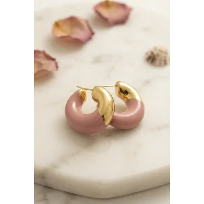 BUĞZ 316L Çelik Gold Renk Pembe Halka Model Kadın Küpe - BUĞZ