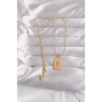 BUĞZ 316L Çelik Gold Renk Pembe Mineli El Figür Tarot Kolye - Lisinya