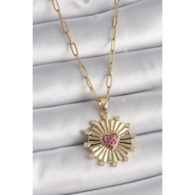 BUĞZ 316L Çelik Gold Renk Pembe Zirkon Taşlı Kalp İşleme Madalyon Model Kadın Kolye