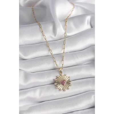BUĞZ 316L Çelik Gold Renk Pembe Zirkon Taşlı Kalp İşleme Madalyon Model Kadın Kolye - BUĞZ