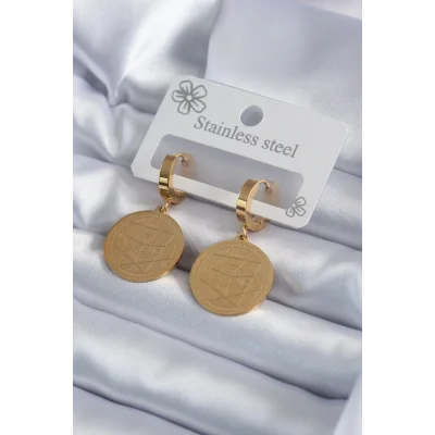 BUĞZ 316L Çelik Gold Renk Pentagram İşleme Model Kadın Küpe