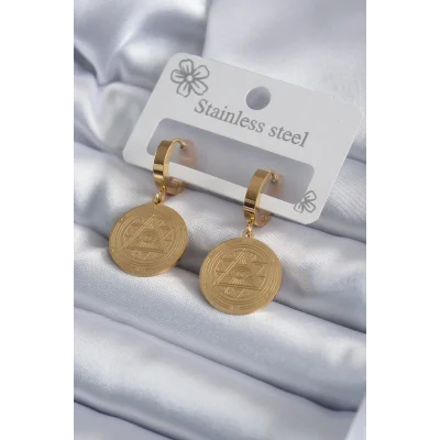 BUĞZ 316L Çelik Gold Renk Pentagram İşleme Model Kadın Küpe