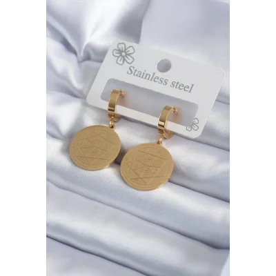 BUĞZ 316L Çelik Gold Renk Pentagram Yıldızı İşleme Model Kadın Küpe