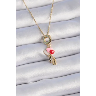 BUĞZ 316L Çelik Gold Renk Renkli Kalp Figür Charm Model Kadın Kolye