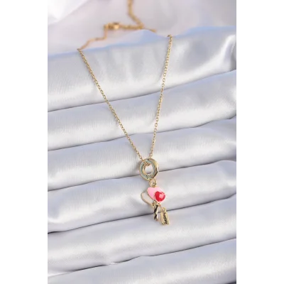 BUĞZ 316L Çelik Gold Renk Renkli Kalp Figür Charm Model Kadın Kolye - Lisinya