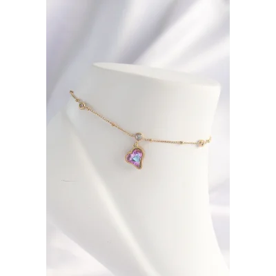 BUĞZ 316L Çelik Gold Renk Renkli Zirkon Taşlı Kalp Halhal