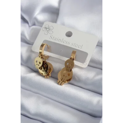 BUĞZ 316L Çelik Gold Renk Sallantı Kuru Kafa Model Kadın Küpe