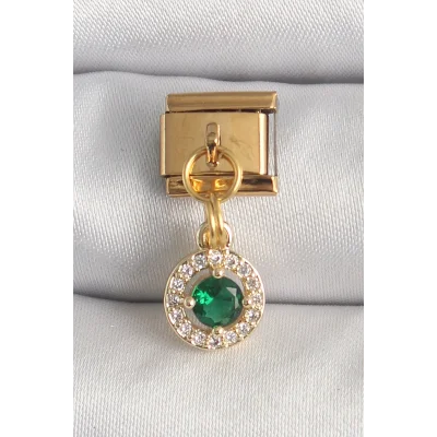 BUĞZ 316L Çelik Gold Renk Sallantı Yeşil Zirkon Taşlı Nomination Charm