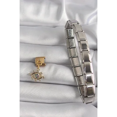 BUĞZ 316L Çelik Gold Renk Sallantı Zirkon Taşlı Göz Model Nomination Charm - Lisinya