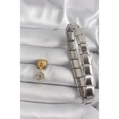 BUĞZ 316L Çelik Gold Renk Sallantı Zirkon Taşlı Göz Model Nomination Charm - Lisinya