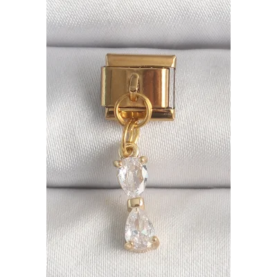 BUĞZ 316L Çelik Gold Renk Sallantı Zirkon Taşlı Kurdele Model Nomination Charm