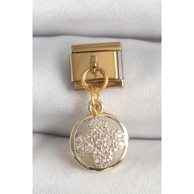 BUĞZ 316L Çelik Gold Renk Sallantı Zirkon Taşlı Yonca Model Nomination Charm