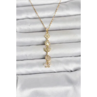 BUĞZ 316L Çelik Gold Renk Şans Kolyesi Y Model Zirkon Taşlı Kadın Kolye