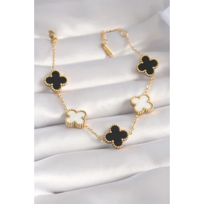 BUĞZ 316L Çelik Gold Renk Siyah Beyaz Yonca Model Kadın Bileklik