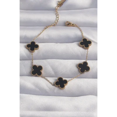 BUĞZ 316L Çelik Gold Renk Siyah Mineli Yonca Bileklik