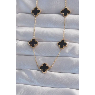 BUĞZ 316L Çelik Gold Renk Siyah Mineli Yonca Kolye