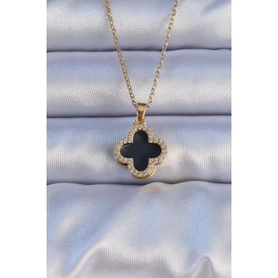 BUĞZ 316L Çelik Gold Renk Siyah Mineli Zirkon Taşlı Yonca Figürlü Kolye