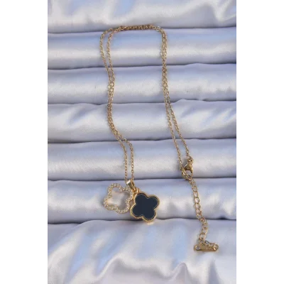 BUĞZ 316L Çelik Gold Renk Siyah Mineli Zirkon Taşlı Yonca Figürlü Kolye - BUĞZ