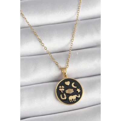 BUĞZ 316L Çelik Gold Renk Siyah Şans Kolyesi