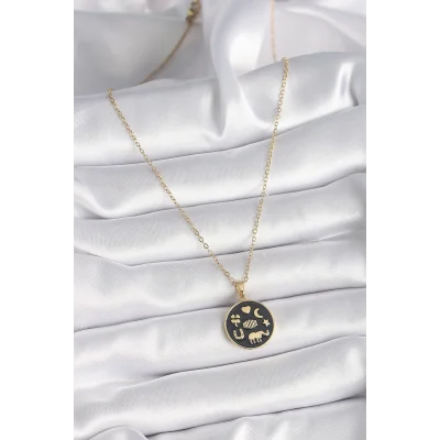 BUĞZ 316L Çelik Gold Renk Siyah Şans Kolyesi - BUĞZ