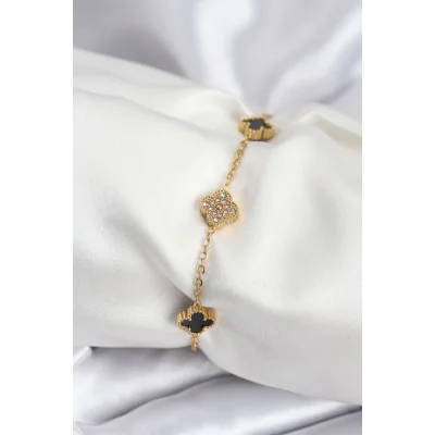 BUĞZ 316L Çelik Gold Renk Siyah ve Zirkon Taşlı Baby Boy Yonca Kadın Bileklik
