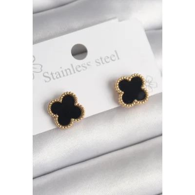 BUĞZ 316L Çelik Gold Renk Siyah Yonca Model Kadın Küpe