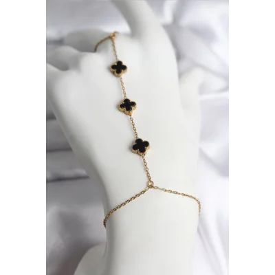 BUĞZ 316L Çelik Gold Renk Siyah Yonca Model Kadın Şahmeran