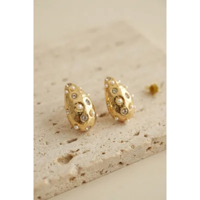 BUĞZ 316L Çelik Gold Renk Taşlı Damla Model Küpe - BUĞZ