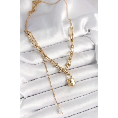 BUĞZ 316L Çelik Gold Renk Tifany Zincir Model Kilit Figür Sallantı İnci Detay Kadın Kolye - Lisinya