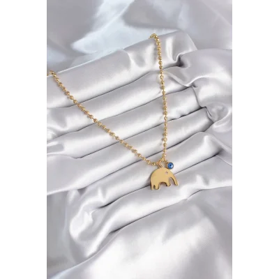 BUĞZ 316L Çelik Gold Renk Top Zincir Model Fil Figür Nazar Boncuk Detay Kadın Kolye - Lisinya