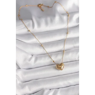 BUĞZ 316L Çelik Gold Renk Topçuk Detaylı Zincir Kalp Model Kadın Kolye - BUĞZ