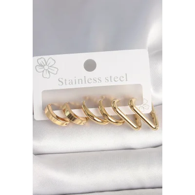 BUĞZ 316L Çelik Gold Renk Üçgen Halka Model Kadın Küpe Seti