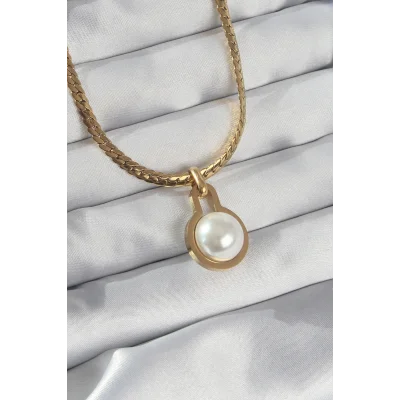 BUĞZ 316L Çelik Gold Renk Yassı Zincir İnci Taşlı Kolye