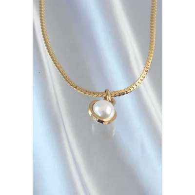 BUĞZ 316L Çelik Gold Renk Yassı Zincir İnci Taşlı Kolye - Lisinya
