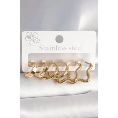 BUĞZ 316L Çelik Gold Renk Yıldız Halka Model Kadın Küpe Seti