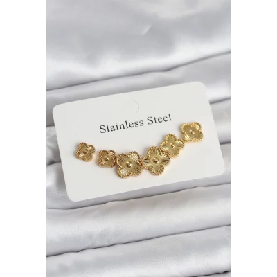 BUĞZ 316L Çelik Gold Renk Yonca Küpe Seti