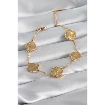 BUĞZ 316L Çelik Gold Renk Yonca Model İşleme Detay Kadın Bileklik