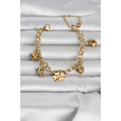 BUĞZ 316L Çelik Gold Renk Yonca ve Dorikalı Kadın Bileklik