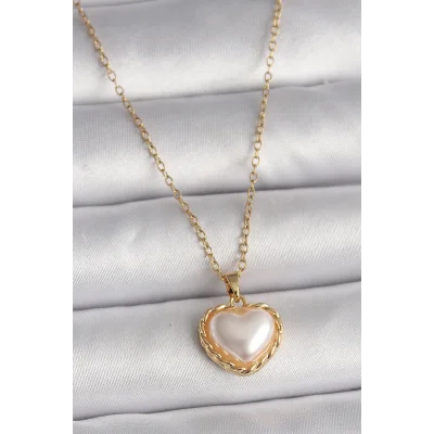 BUĞZ 316L Çelik Gold Renk Zincir 3D İnci Kalp Model Kadın Kolye