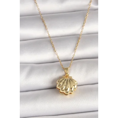 BUĞZ 316L Çelik Gold Renk Zincir Açılır İncili Midye Model Kadın Kolye