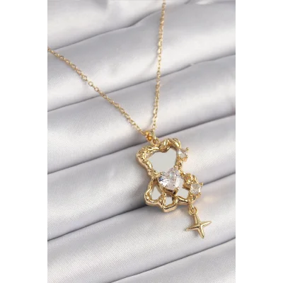 BUĞZ 316L Çelik Gold Renk Zincir Ayna Ayıcık Model Zirkon Taşlı Kalp Model Kadın Kolye