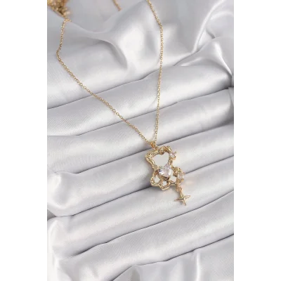BUĞZ 316L Çelik Gold Renk Zincir Ayna Ayıcık Model Zirkon Taşlı Kalp Model Kadın Kolye - Lisinya