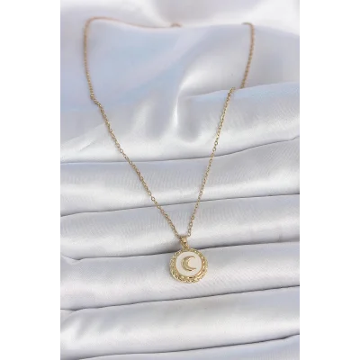 BUĞZ 316L Çelik Gold Renk Zincir Beyaz Mineli Hilal İşlemeli Madalyon Model Kadın Kolye - Lisinya