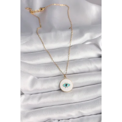 BUĞZ 316L Çelik Gold Renk Zincir Beyaz Mineli Turkuaz Göz İşleme Model Kadın Kolye - BUĞZ