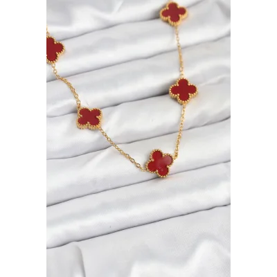 BUĞZ 316L Çelik Gold Renk Zincir Bordo Yonca Kadın Kolye