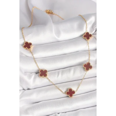 BUĞZ 316L Çelik Gold Renk Zincir Bordo Yonca Model Kadın Kolye - Lisinya