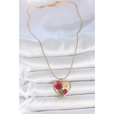 BUĞZ 316L Çelik Gold Renk Zincir Epokis Kalp Doğal Çiçek Model Kadın Kolye - BUĞZ