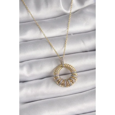 BUĞZ 316L Çelik Gold Renk Zincir Gümüş Zirkon Taşlı Daire Model Kadın Kolye