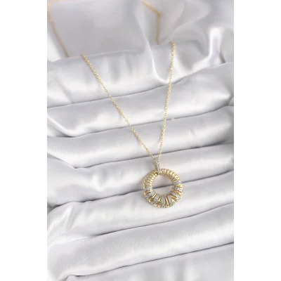 BUĞZ 316L Çelik Gold Renk Zincir Gümüş Zirkon Taşlı Daire Model Kadın Kolye - BUĞZ